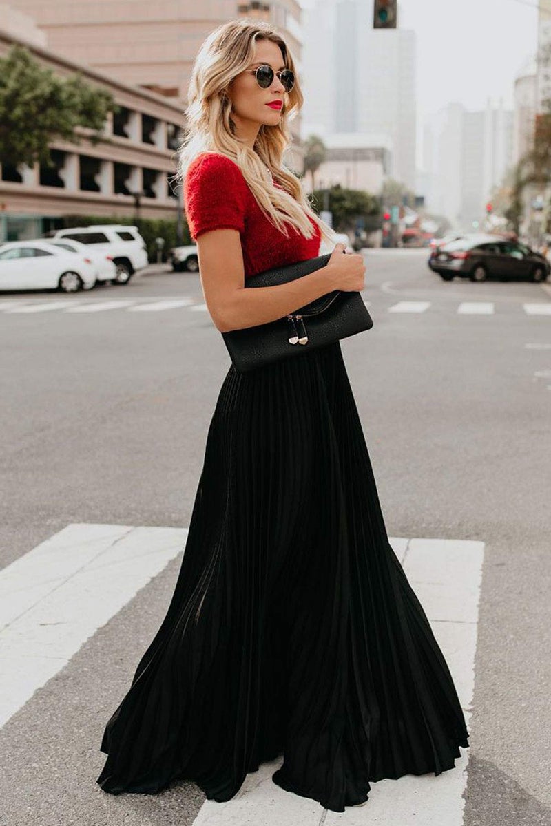 ebossy Women's High Waist Flowy Pleated Chiffon Maxi Skirt (Large, Black) - Image 4